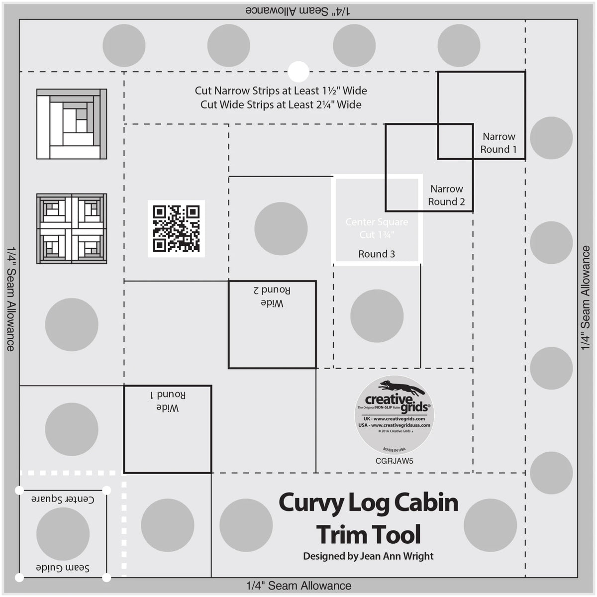 Creative Grids® Quilt Ruler Curvy Log Cabin Trim Tool 8in Finished Blocks
