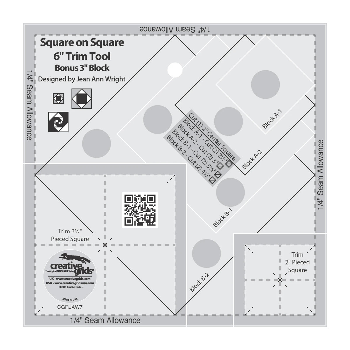 Creative Grids® Square on Square Trim Tool 3in or 6in Finished Blocks Quilt Ruler