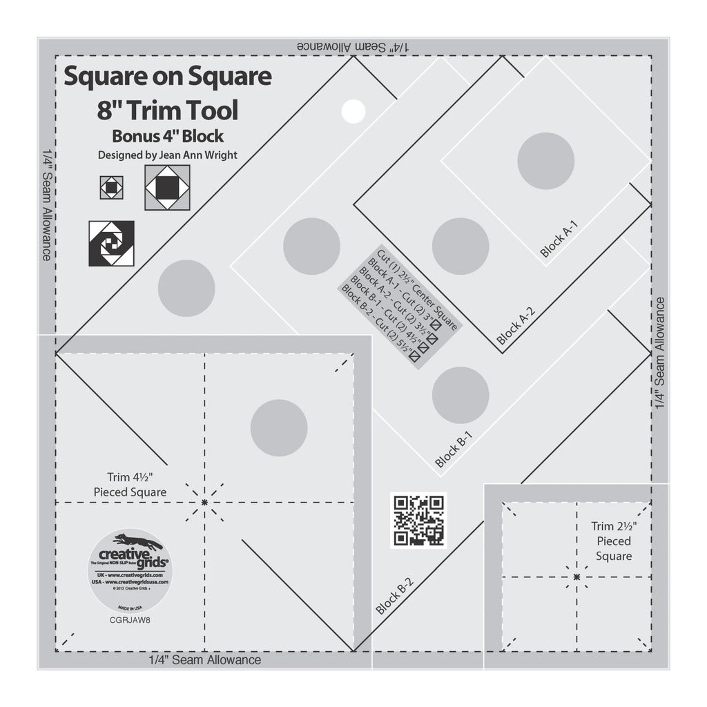 Creative Grids® Square on Square Trim Tool 4in or 8in Finished Blocks Quilt Ruler