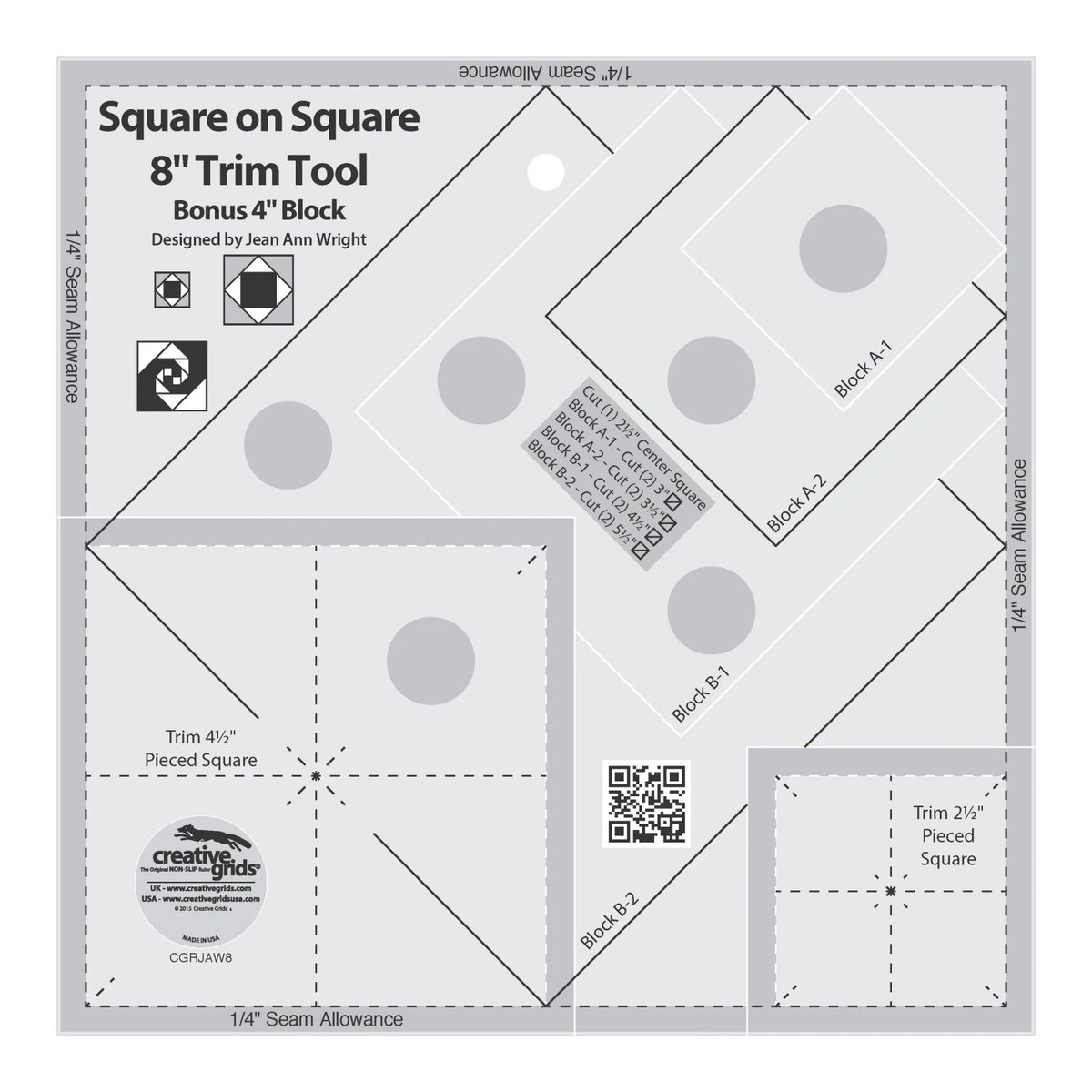 Creative Grids® Square on Square Trim Tool 4in or 8in Finished Blocks Quilt Ruler